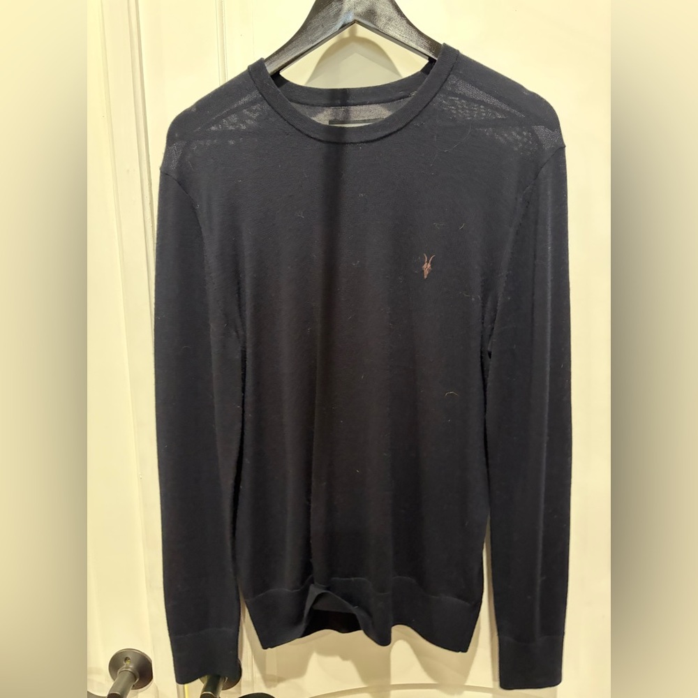 AllSaints Navy Crewneck Sweater with Subtle Logo Tag